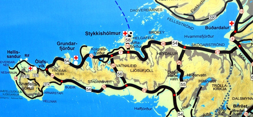 A road map of Snæfellsnes peninsula