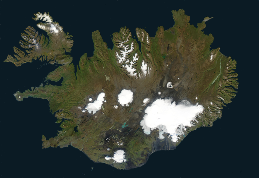 In spite of being below the Arctic Circle, the fact that over a tenth of Iceland is covered in ice is clearly visible from space.