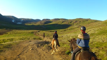 A group on a horse riding tour in South Iceland.