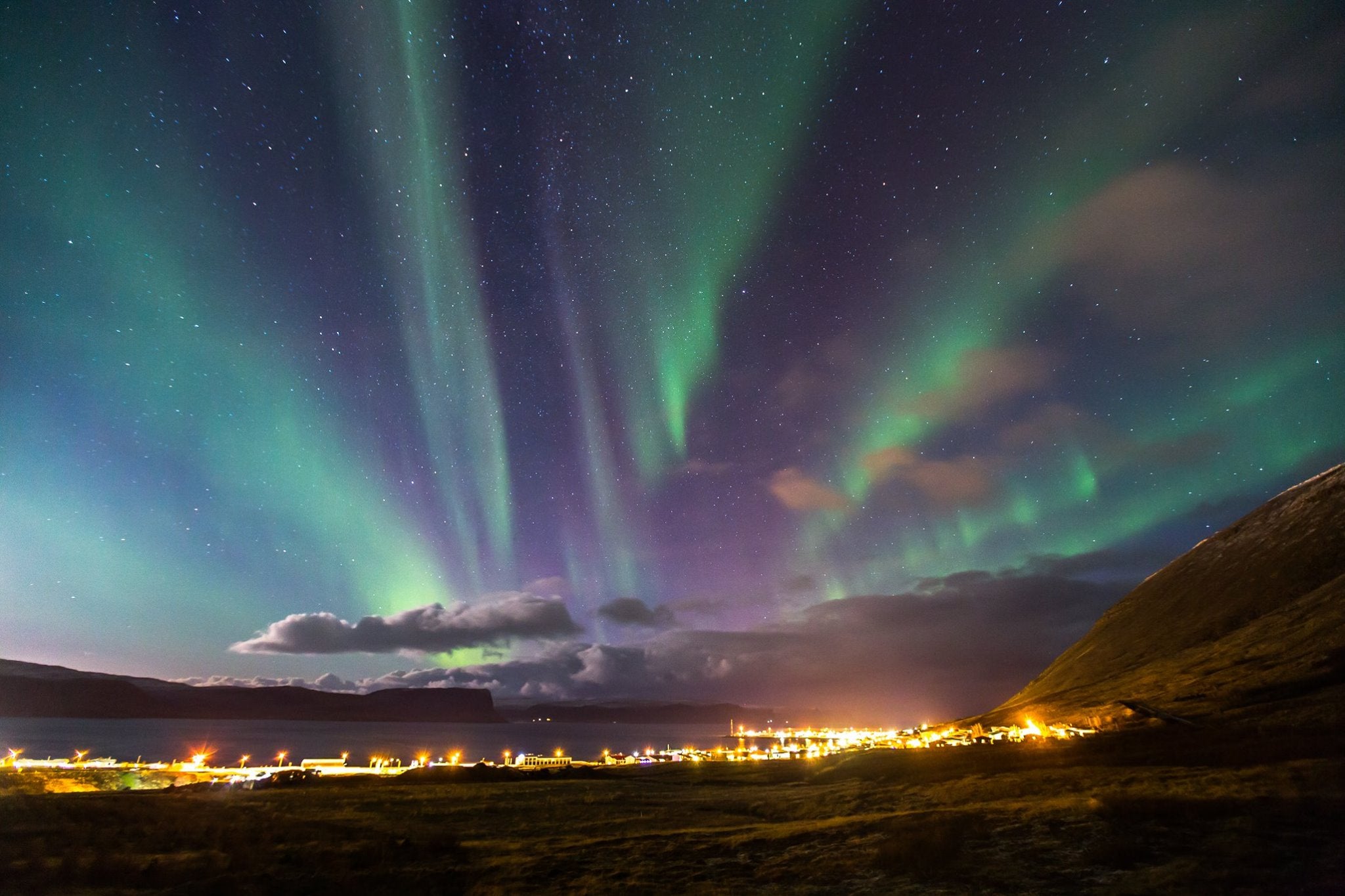 Blue and green aurora borealis descends over Patreksfjörður in the Westfjords in winter.