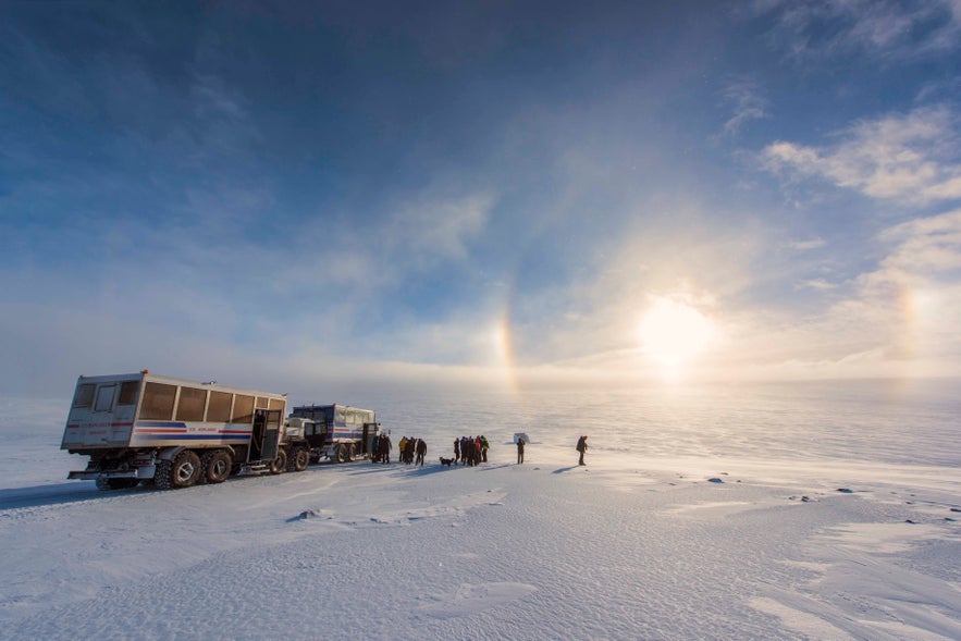 Parts of the glaciers are only accessible in monster trucks, such as these.