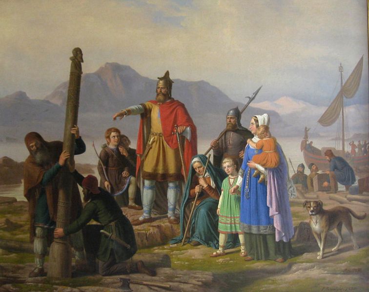 A depiction of Ingólfur Arnason founding Reykjavík with his wife and slaves.