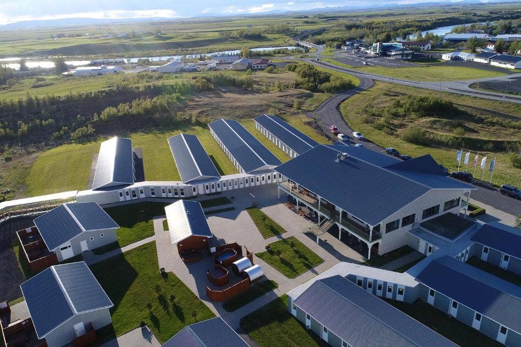 An aerial shot of Stracta Hotel Mosfell in Hella.