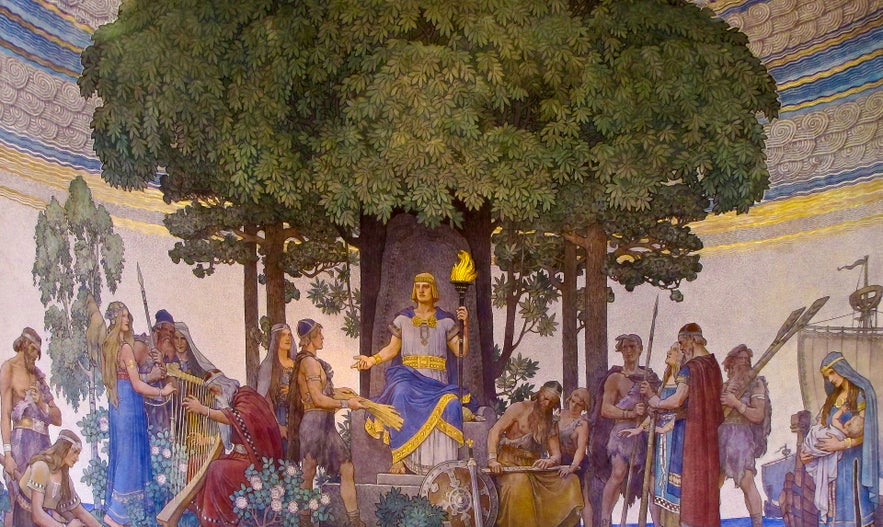 Heimdallr bringing the gifts of the Gods to mankind. Painting by Nils Asplund (1907).