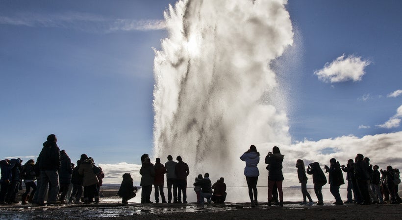 Strokkur erupts routinely every five minutes or so.