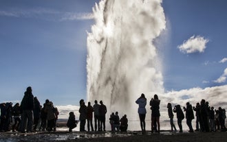 Strokkur erupts routinely every five minutes or so.