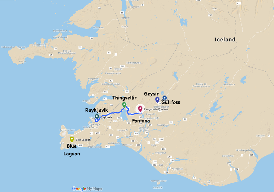 Fontana天然温泉距离首都雷克雅未克的地理位置地图