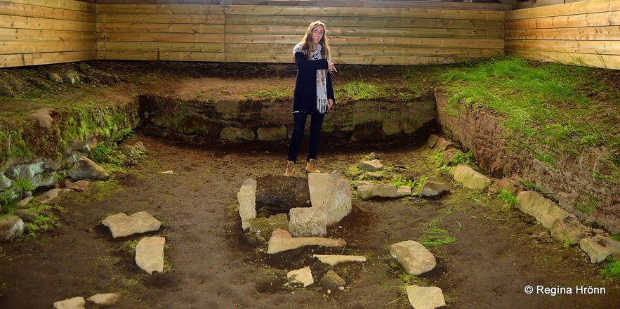 Regína inside Stöng Viking longhouse in Þjórsárdalur valley