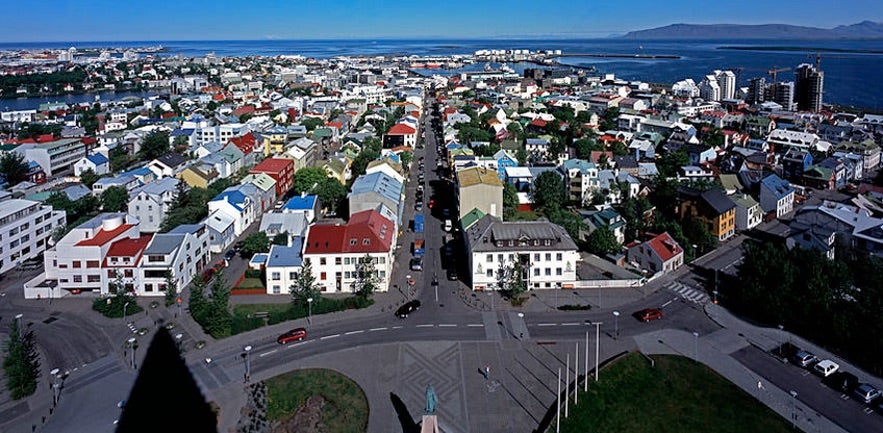 A photo of Reykjavík heavily photoshopped to make it appear that Iceland has colour.