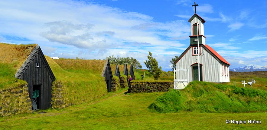 Keldur Turf Farm near Hvolsvollur, the oldest surviving farmhouse in Iceland, with its small church.