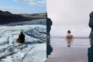 A split image with someone sat on a glacier on one side and a person bathing in the Sky Lagoon geothermal spa on the other.