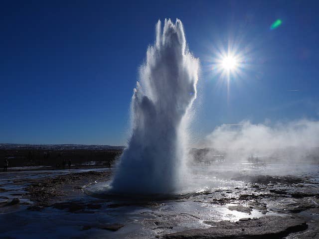 The Strokkur geyser erupts with boiling water to amazing heights.