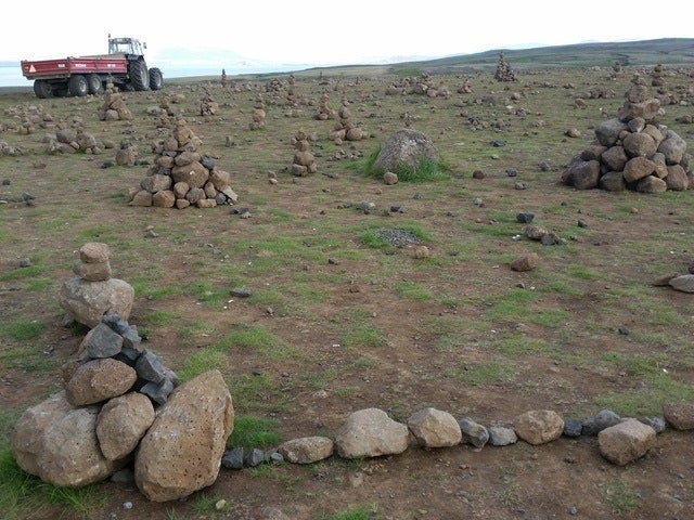 Cairns built by tourists in Iceland