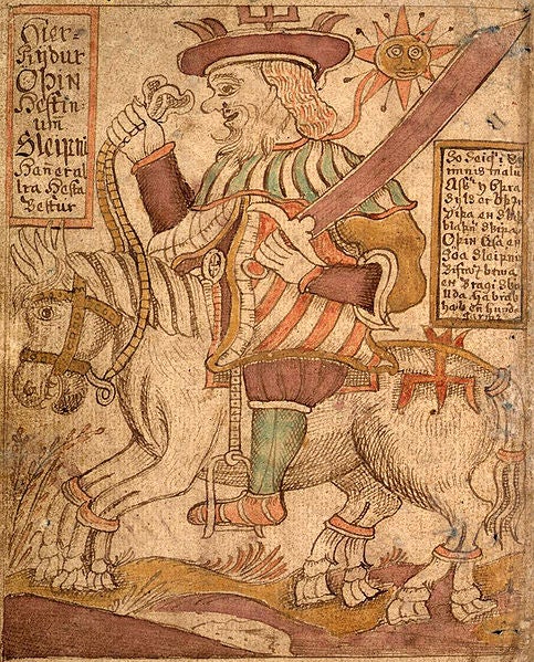 Illustration d'Odin et son cheval Sleipnir - manuscrit du 18eme siècle