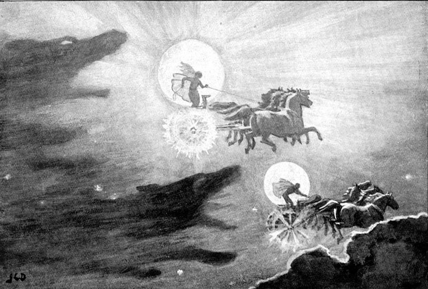 Hrímfaxi and Skinfaxi escaping the wolves with Dagur and Nótt