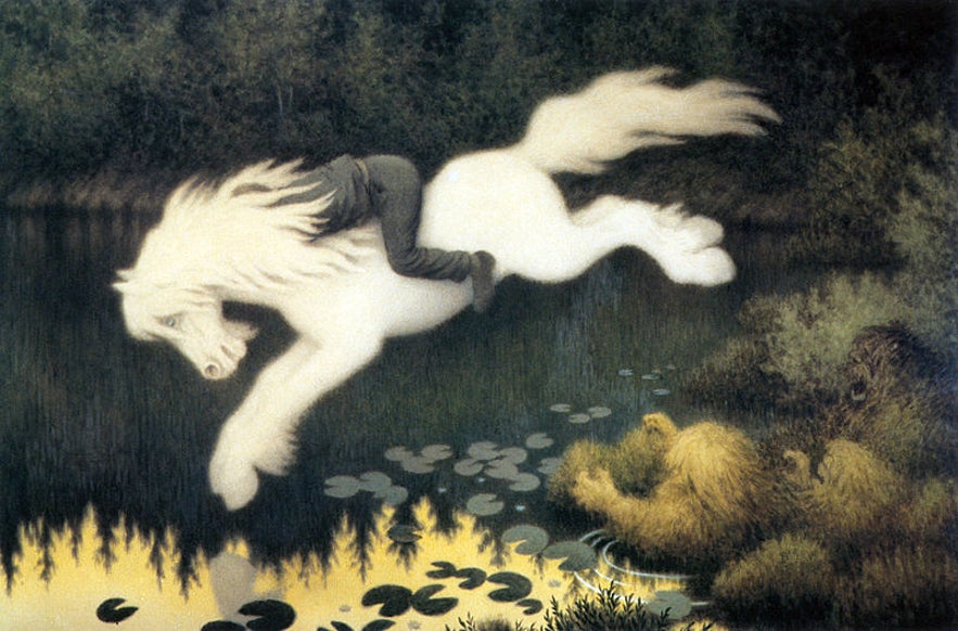 A painting called 'Boy on white horse' depicting the Nyx