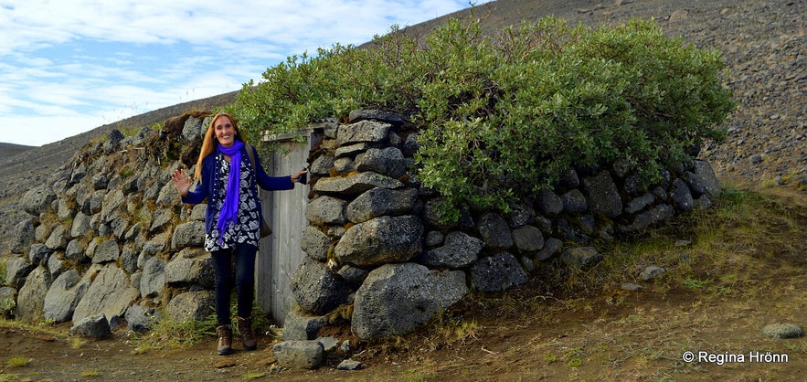 Regína by the shed Tumbi in the highland of Iceland