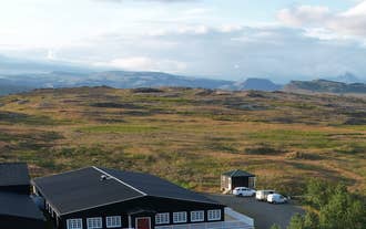 An aerial shot of the facade of Hotel Stafholt.