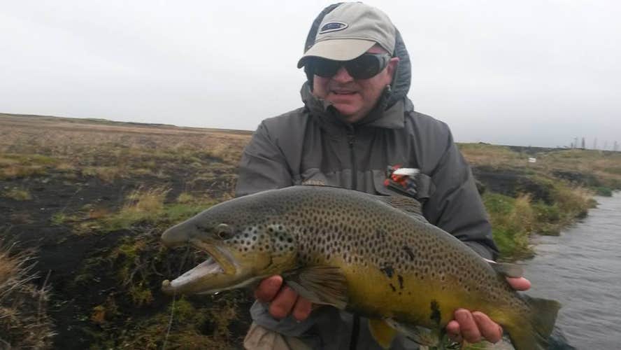 A fisherman holds up an Atlantic salmon caught on a fishing tour in North Iceland.