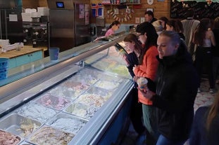 Un groupe de voyageurs dégustant différents parfums de glace à Reykjavik.