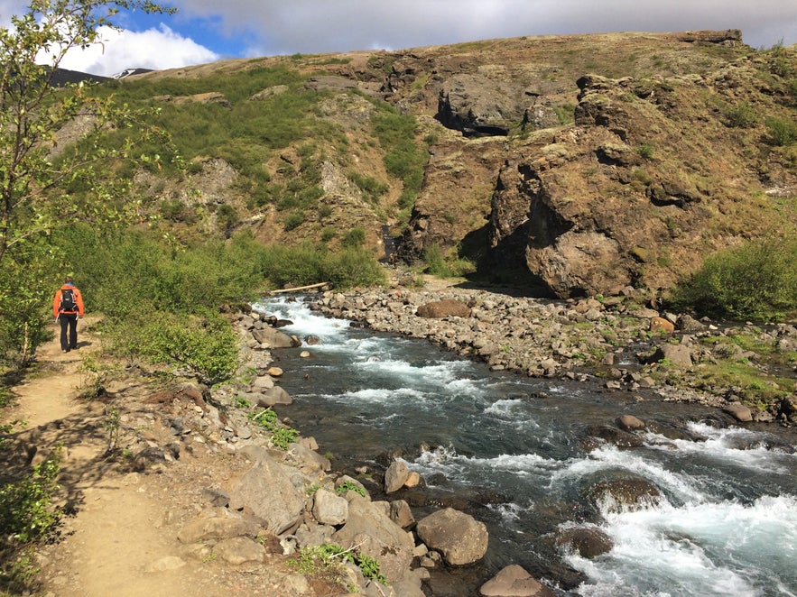 Der Pfad führt idyllisch am (und über den) Fluss