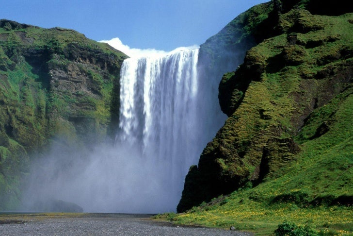 One of the iconic sites of the South is Skógafoss; this waterfall's width is over a third of its height of 60 m.