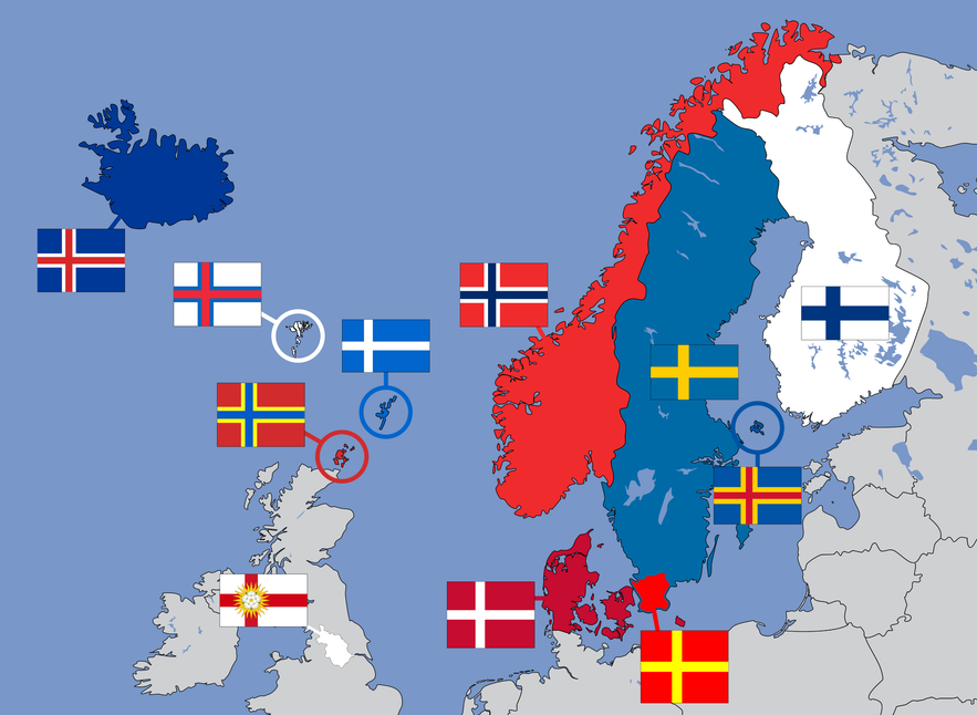 A map showing some of the countries that use the Nordic Cross flag design.