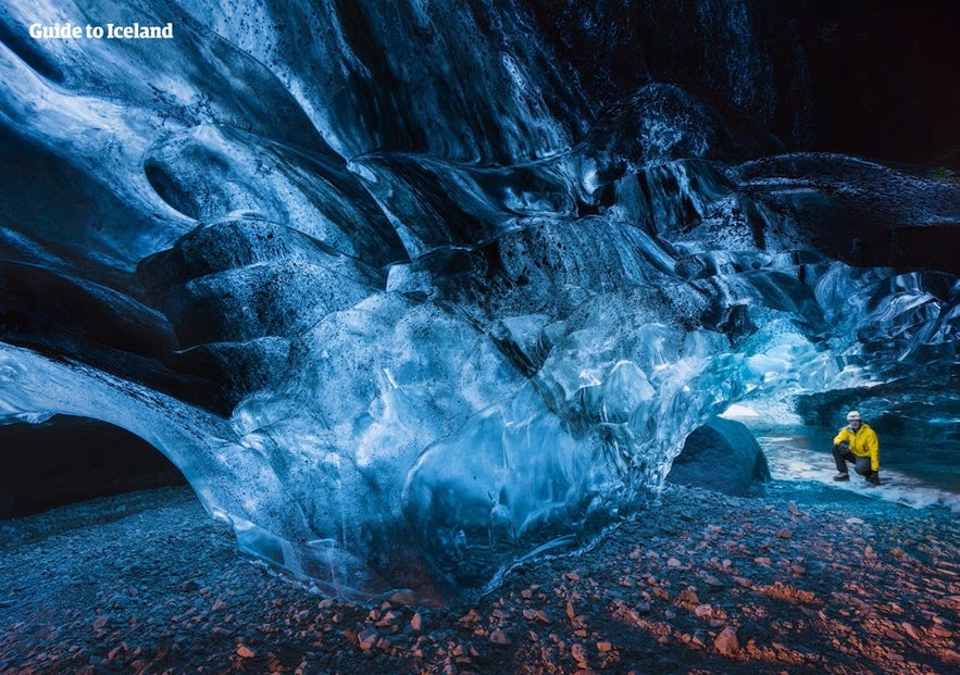 Crystal Ice Cave in Vatnajokull National Park near Jokulsarlon, highlighting blue ice caves in Iceland with guided explorer.