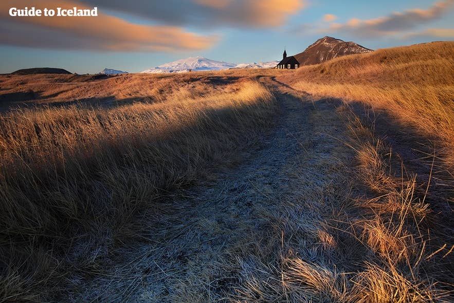 Hierba dorada conduce a la iglesia negra de Budir, iluminada por la cálida luz del atardecer en Islandia en julio.