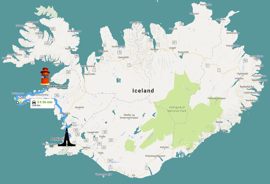 斯蒂基斯霍尔米地理位置－距离首都雷克雅未克距离