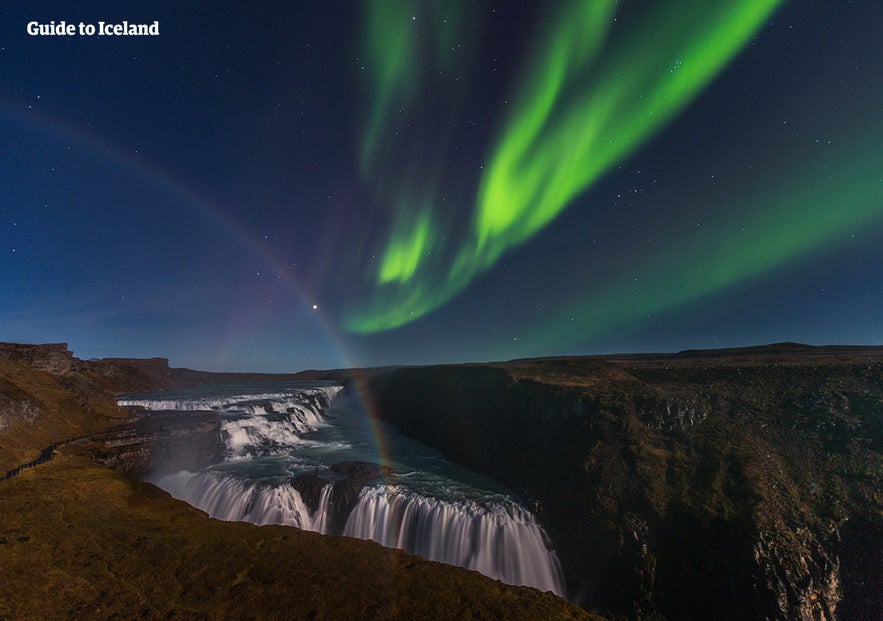 Northern lights over Gulfoss Waterfall.