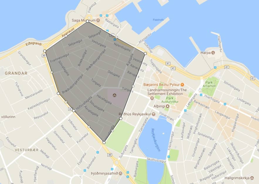 Karte, die die ungefähren Grenzen des alten Stadtteils Vesturbaer in Reykjavik zeigt.