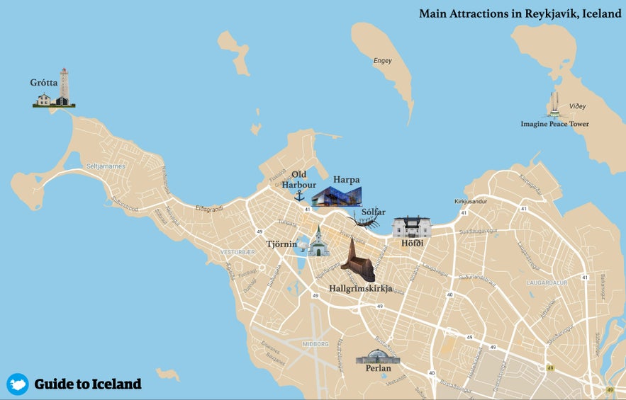 Mappa delle principali attrazioni di Reykjavik, la capitale dell'Islanda