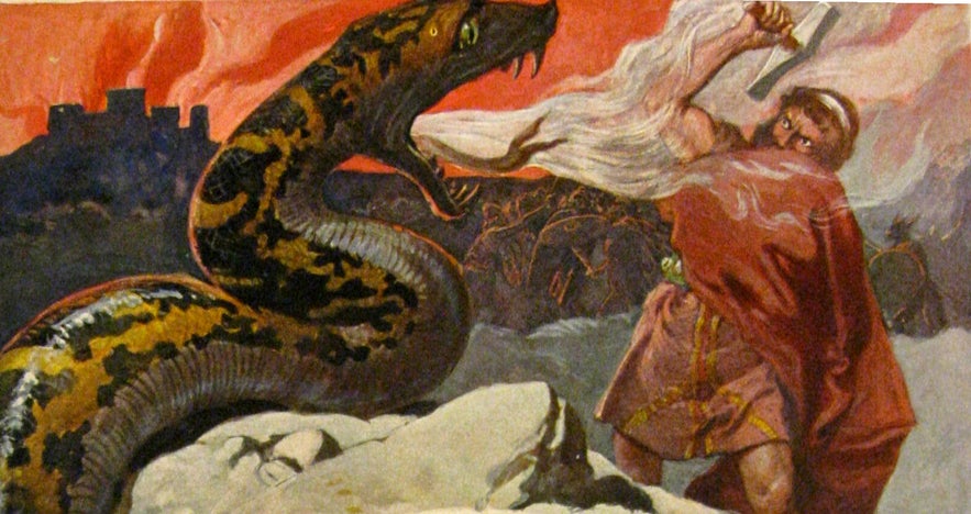 The final battle between Thor and Jörmungandr durin Ragnarök