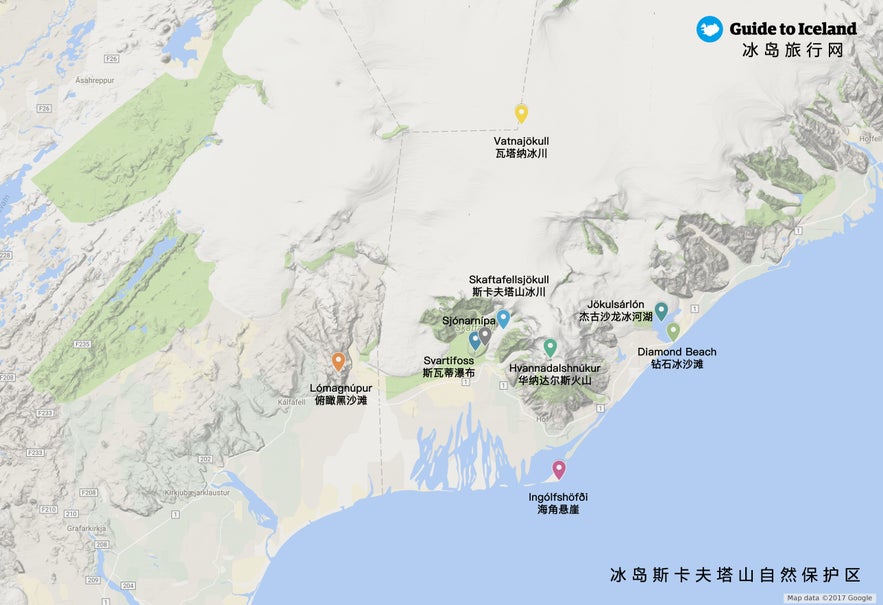 冰岛瓦特纳国家公园斯卡夫塔山自然保护区主要景点地图