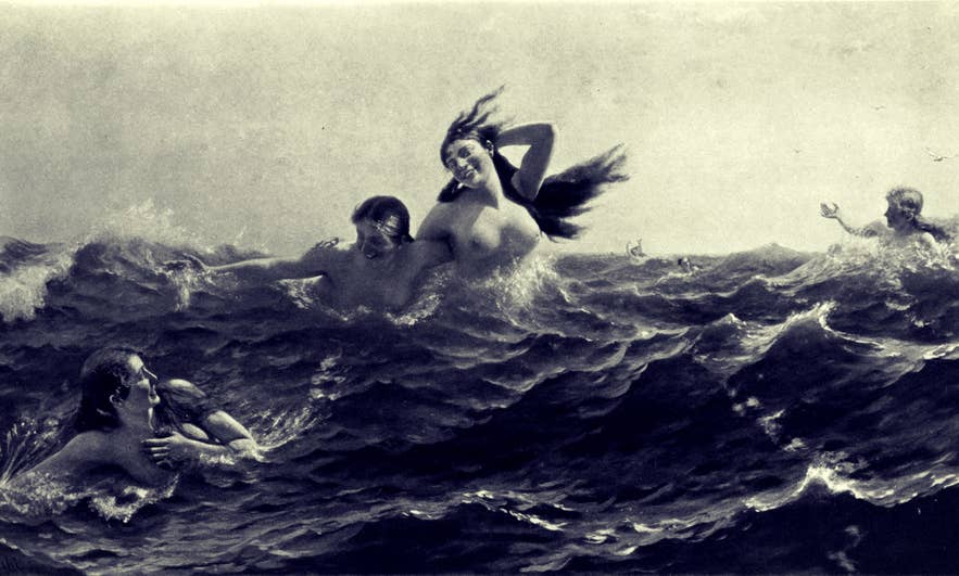 Ein Gemälde der neun Töchter von Aegir von Hans Dahl (1849–1937).