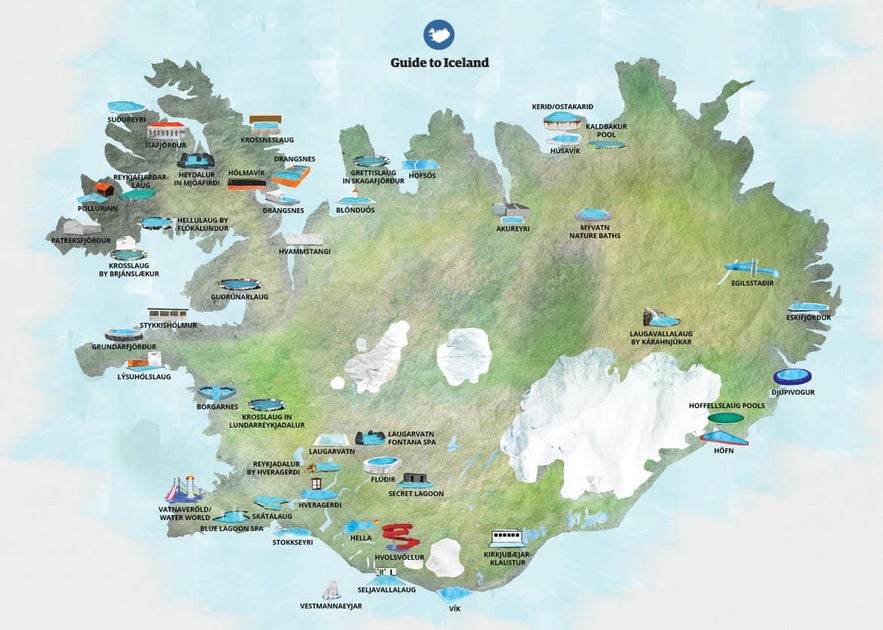 A Guide To Iceland map showing the locations of different pools around the island.