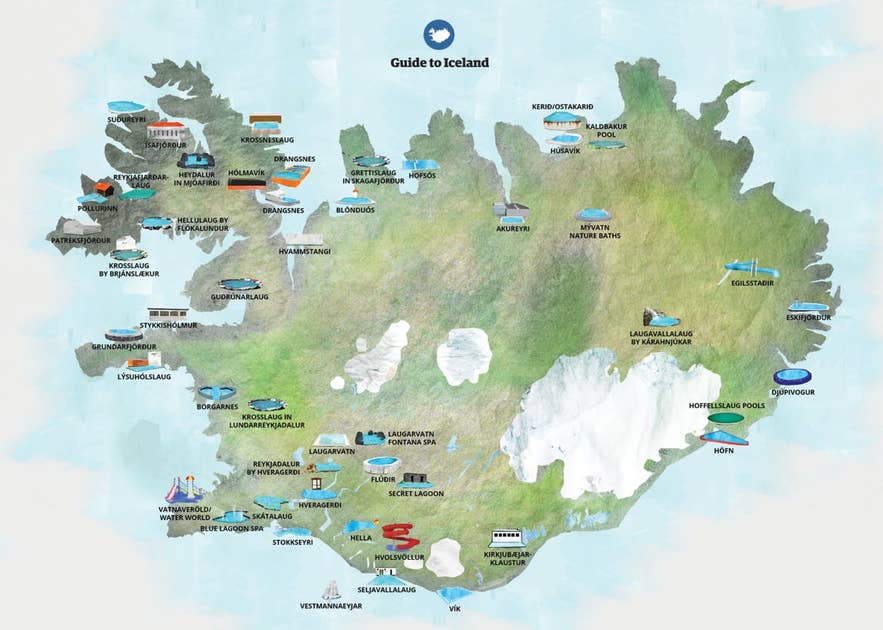 Eine Guide-to-Iceland-Karte mit den Standorten verschiedener Pools auf der Insel.