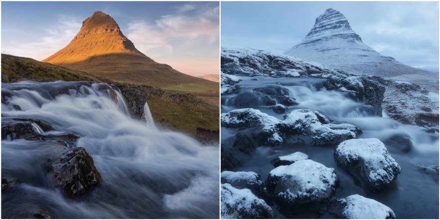Kirkjufell Mountain on Snaefellsnes in summer and under winter snow, Iceland's warmest and coldest months side by side.