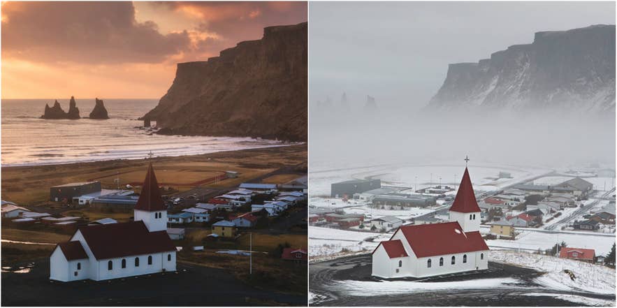Vik Church on Iceland's South Coast in summer sun and under winter snow, the same view in a warm month and a frost month.