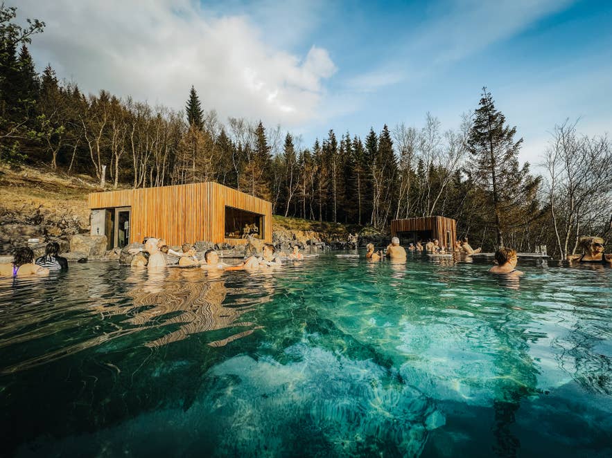 Die Becken und das Holzgebäude der Forest Lagoon zwischen Nadelbäumen an einem klaren Tag