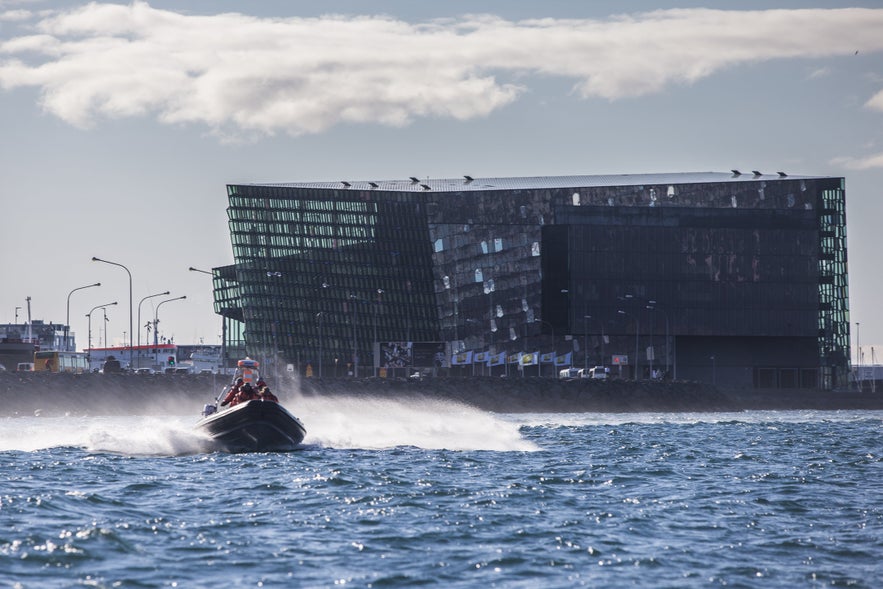 A RIB leaving Reykjavík, passing Harpa