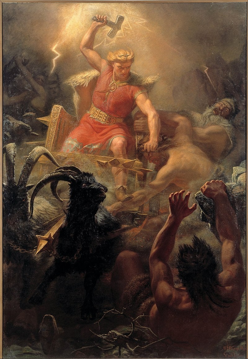 'Þór's Fight with the Giants', by Mårtin Eskil Winge, depicts one of the exciting events in Edda