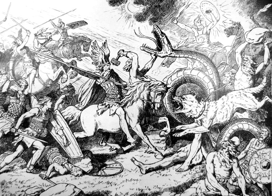 A depiction of the End Times, showing Óðinn, Þór, the Midgard Serpent and the wolf Fenrir, by Johannes Gehrts