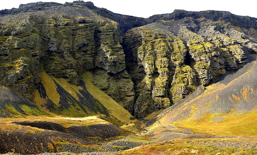 La gorge de Rauðfeldsgjá sur la péninsule de Snæfellsnes en Islande, un canyon volcanique spectaculaire aux falaises couvertes de mousse et à l’entrée d’une cascade cachée, très appréciée des randonneurs.