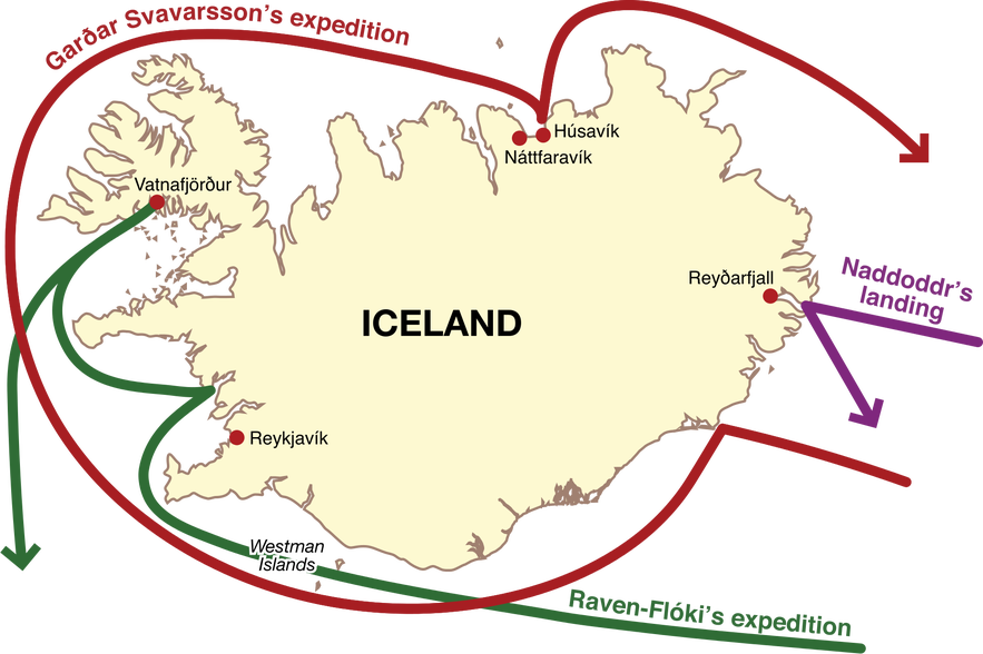 A map depicting the landing places of the first Norseman known to visit Iceland