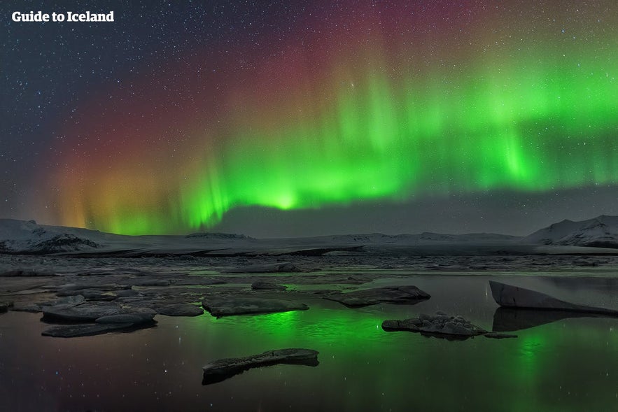 Iceland's most famous glacier lagoon, Jökulsárlón, beneath the Northern Lights.