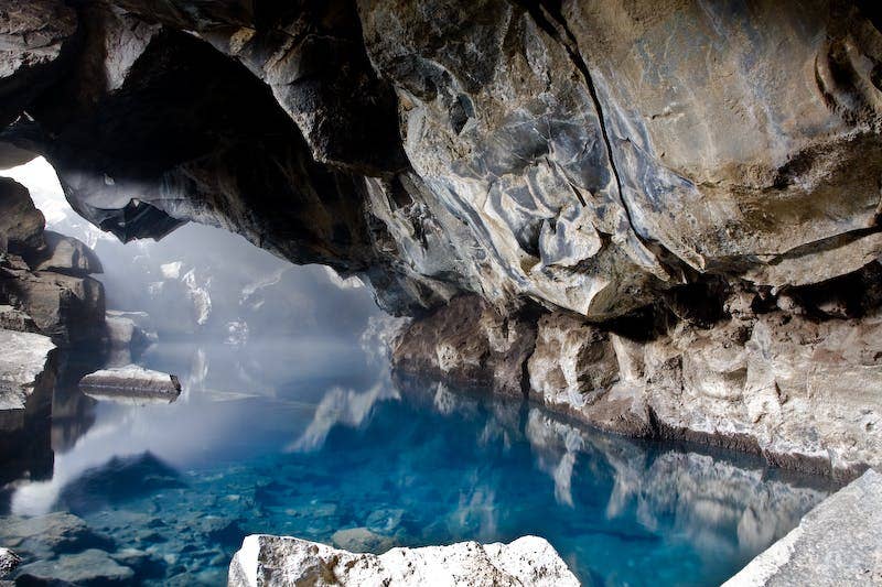 Grjotagja Hot Spring Cave near Lake Myvatn, where nudity in Iceland is not permitted and bathing is prohibited.