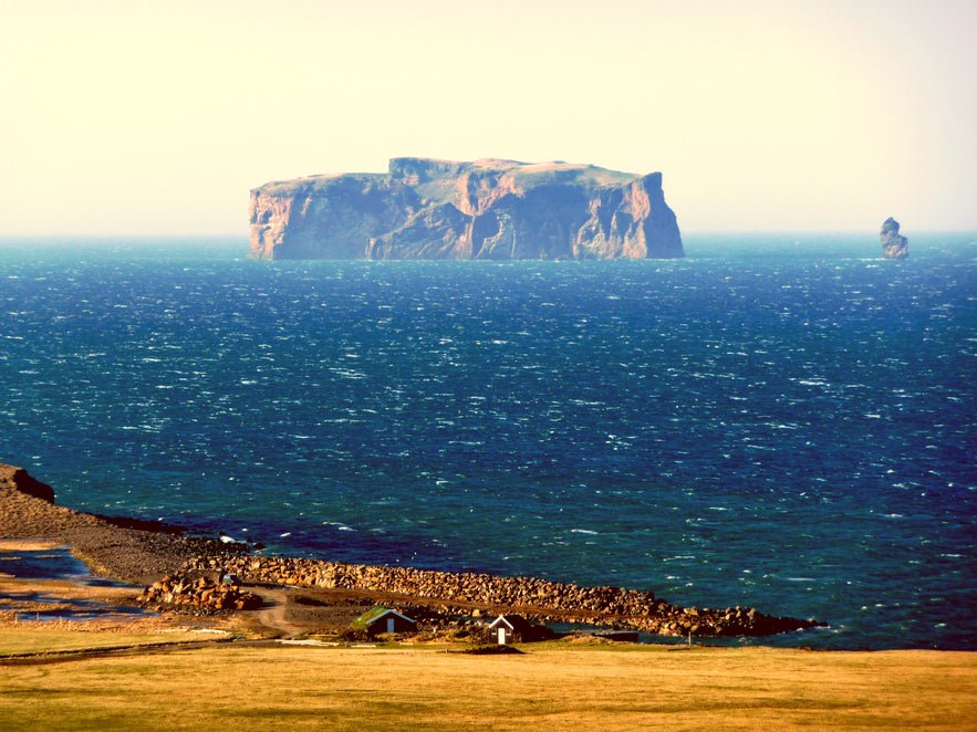 View of Drangey from Iceland's coastline