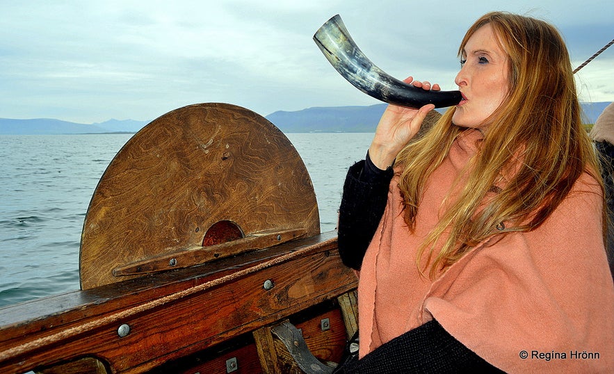 Regína on a A replica of a Viking ship in Iceland